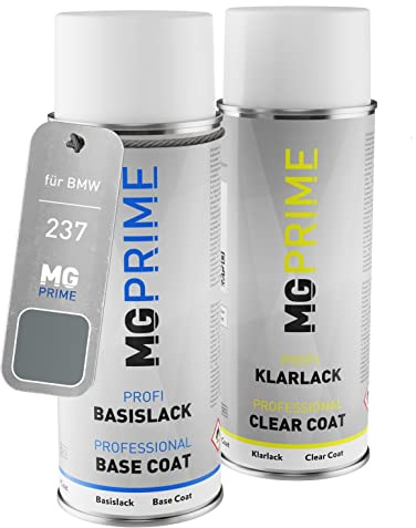 MG PRIME Autolack Spraydose für BMW 237 Granitsilber Metallic + Klarlack | Granite Silver Metallic, Set aus Basislack + Klarlack, Sprühdosen 400ml