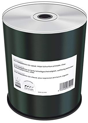 CD-R 700MB|80min 52-fache Schreibgeschwindigkeit, Silber, vollflächig bedruckbar (Tintenstrahldrucker), 100er Cakebox
