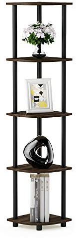 Furinno TURN-N-TUBE Corner Shelf, 5-Tier Corner Bookshelf, Open Storage Shelves, for Organization and Storage, Living Room, Home Office, Garage, Bedroom, Columbia Walnut