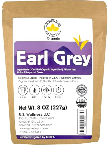 Earl Grey Tea, FLORAL & CITRUSY, Natural Bergamot Flavor Blended with ORGANIC Loose Leaf Tea, 110+ Cups, 8oz, ORGANIC CEYLON, OP Grade Tea, U.S.A Processed & Quality Control