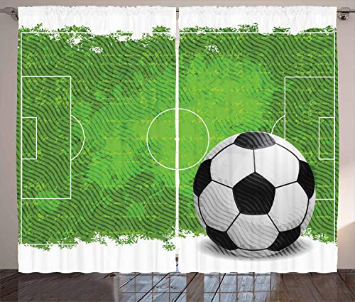 ABAKUHAUS Fußball Rustikaler Gardine, Grunge Fußball-Entwurf, Schlafzimmer Kräuselband Vorhang mit Schlaufen und Haken, 280 x 225 cm, Schwarz Grün