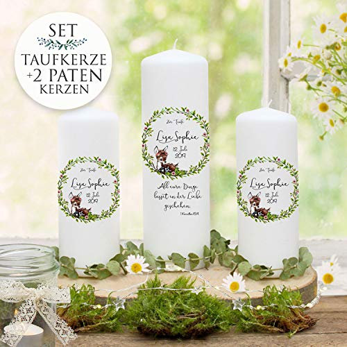 Taufkerze Kerze zur Taufe Blätterkranz Reh Rehkitz Wunschname Spruch individualisierbar wk124 - ausgewählte Größe: *2. Patenkerze (ohne Taufspruch)*