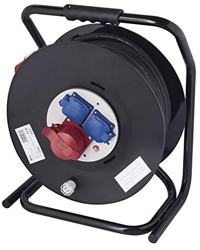 EMOS - CEE-Kabeltrommel 33m - 3 Steckdosen (1 CEE, 2 Schuko) - wasserdicht - 230 V/400 V, 15 A, 2500 W/6400 W - Gummi-Isolierung - H07RN-F 2,5 mm2 - IP44 für Außenbereich & Camping