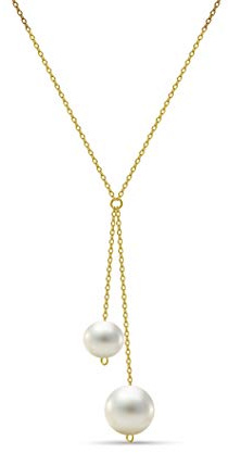 MIORE Schmuck Damen Halskette mit Kettenanhänger 2 runde weiße Süßwasserperlen 8 mm Kette aus Gelbgold 14 Karat / 585 Gold, Länge Einstellbar 42-45cm