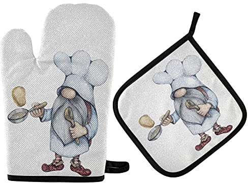 QUGRL Lustige Zwergen-Bäcker-Ofenhandschuhe und Topflappen-Set, niedliche Kochkissen, hitzebeständige Kochhandschuhe, Handhabung, Küche, Kochgeschirr, Backgeschirr, Grillen