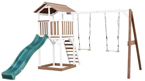 AXI Beach Tower Parque Infantil con tobogan Verde, 2 Columpios y Cajon de Arena | Casa Grande para ninos al Aire Libre en Marron y Blanco | Casa de Juegos de Madera FSC.