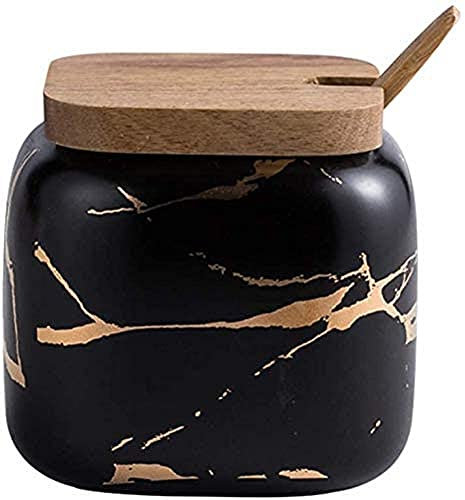 MAGICVOGEL Pot à épices aspect marbre en céramique - 360 ml - Pot à épices avec couvercle et cuillère - 9 x 8,7 cm - Noir