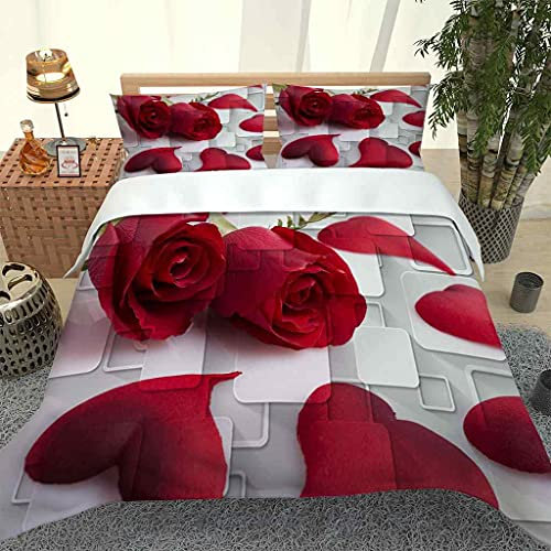 QZDUCN Set Copripiumino Matrimoniale 240x220cm Stampa 3D Set Di Biancheria Da Letto Rosa Rossa A Forma Di Cuore Con Chiusura A Cerniera Set Di Copripiumino In Microfibra Morbida Doppia E 2 Federe