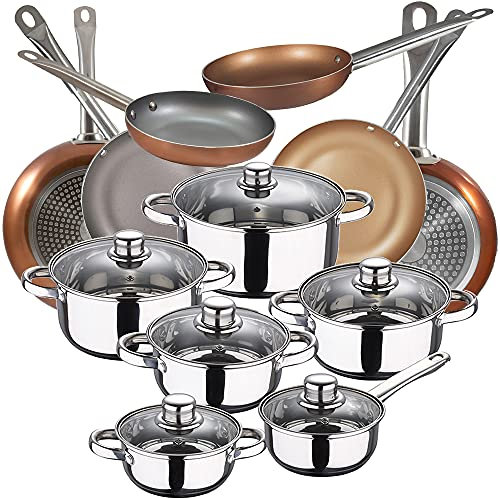 Bateria de cocina 12 piezas SAN IGNACIO Cassel, acero inoxidable, con juego sartenes (18,20,22,24,26,28 cm) en aluminio prensado
