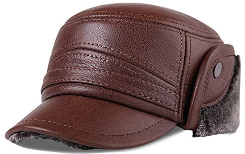 Herren Leder Fliegermützen Mit Ohrenschutz Winter Fleece Mützen Warm Kappe Wasser- und Winddicht (Color : Brown, Size : 57-58)
