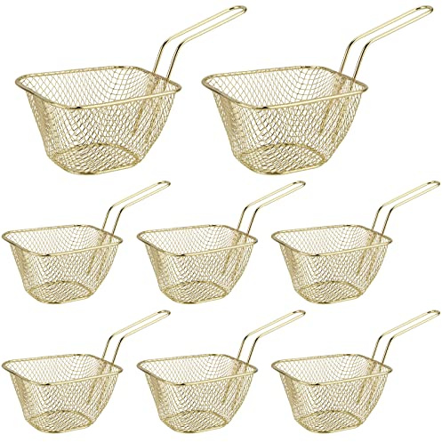 SEUNMUK 8 PCS Chip Serving Frying Baskets, Mini Chip Baskets with Handle, Chips Deep Fry Baskets Food Presentation Baskets for Chips Onion Rings Tapas Wing, Gold