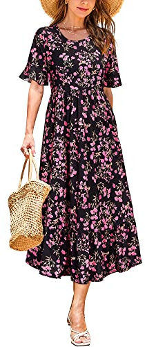 STYLEWORD Women Summer Dress Floral Short Sleeve Ladies Casual Swing Midi Dress with Pockets | Floral Dress,Swing Dress with Pockets,Short Sleeve Dresses for Women UK