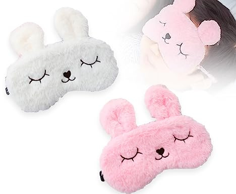Kaping 2 stycken ögonmasksovmask, ögonbindel för barn och flickor, 3D söta djur sovmask, ventilerande ögonskugga (vit och rosa)