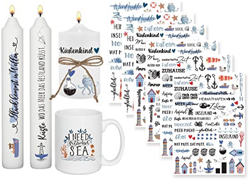 Sugeru 6 PCS Kerzentattoo (200+ Muster),Wassertransferdruck | wasserschiebefolie kerzen | Kerzenfolie | kerzenaufkleber sticker | Kerzen dekorieren |Sprüche, Meer, Anker, Schiff, Hafen,Sommer(Ozean)