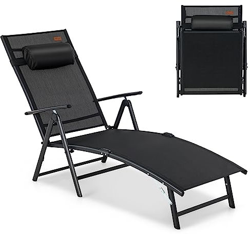 COSTWAY Sonnenliege klappbar, Gartenliege mit Kopfstütze, Armlehnen und 7 verstellbaren Rückenlehnen, Klappliege bis 150 kg belastbar, tragbarer Liegestuhl für Garten, Terrasse, Balkon, Schwarz