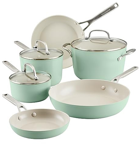KitchenAid Harteloxierte Keramik, Antihaft-Kochgeschirr, Töpfe und Pfannen, 9-teilig, Pistazie
