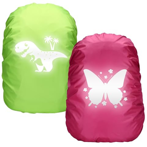Byhsoep Regenüberzug Schulranzen Einhorn Dino Schmetterlinge Rucksack Regenschutz wasserdichte Regenhülle für Rucksack Überzug Reflektierend für Jungen Mädchen Schulanfänger (Rosenrot+Grün)