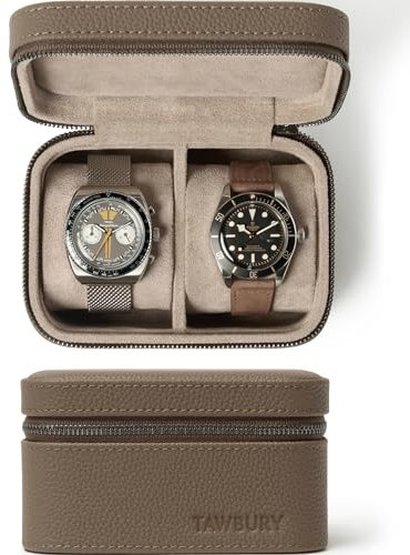 TAWBURY Scatola lussuosa per orologi in pelle, unisex, da viaggio, con chiusura a cerniera, in vera pelle color talpa, custodia rotolo per orologi da uomo