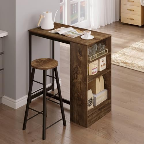 WOLTU Bartisch 90 x 50 x 90 cm, Stehtisch mit 3 Ablagen, Bistrotisch Bartheke aus Metall & Holz, Küchentheke Tresentisch für Bar Küchen Wohnzimmer, Vintage-Holzoptik+Schwarz