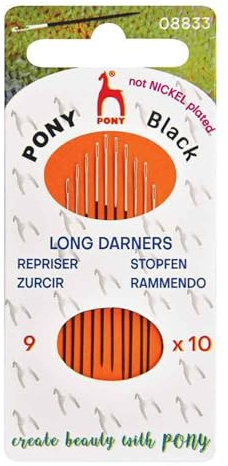 Pony - Pony Black Long Darners Acabado Mate (No. 9) Agujas de Coser a Mano con Ojo Blanco - 10 Agujas