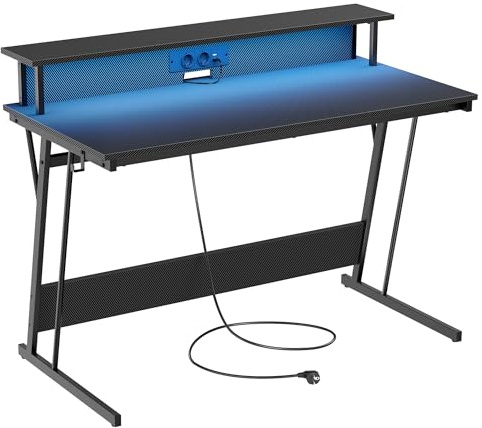 VASAGLE Scrivania da Gaming con Luci LED e Prese di Corrente, Scrivania da Computer, Supporto per Monitor, Tavolo per 2 Monitor, Ufficio, Camera da Letto, 60 x 120 x 76 cm, Nero Carbone LWD192B02