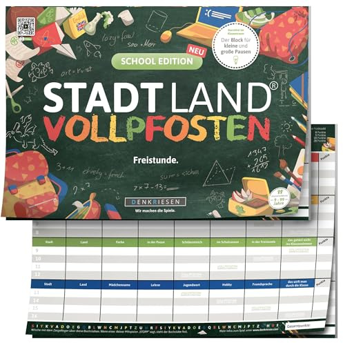 DENKRIESEN - Stadt Land VOLLPFOSTEN® - School Edition | DIN A4 Spielblock | Ab 9 Jahren | Stadt Land Fluss | Familienspiel | Lustiges Blockspiel für die ganze Familie | Perfekt für die Schulzeit