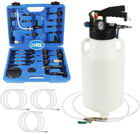 Druckluft Getriebeöl Einfüllgerät 8L mit 26 ATF Adaptern | Bidirektional absaugen & befüllen, mit Manometer & Sicherheitsventil, kompatibel mit BMW/Benz/VW/Audi, Aluminium & Nylon