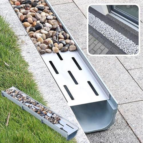 Abflussrinne Aussen Hofgraben-Drainagesystem zum Auffüllen von Kieselsteinen, Beton-Entwässerungsrinnen-Set mit Edelstahlgitter, Wasserumleitungsrinne für Den Boden im Außenbereich(Size:20x20cm(7.9x7