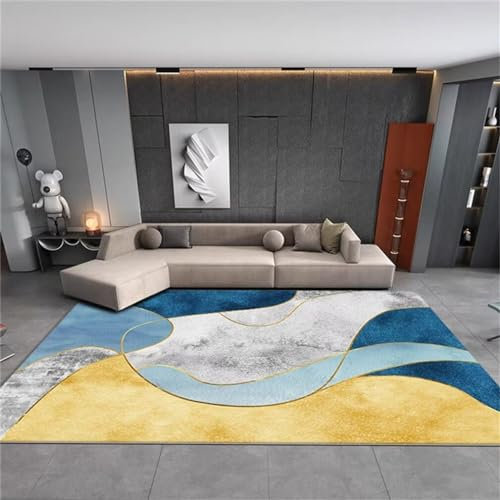 DJHWWD Kinderteppich Wald Bettumrandung Teppich Gelber, Abstrakter Streifen-Design, schmutziger und verschleißfester Teenager-Teppich 200x250CM Blau bodenschutzmatte