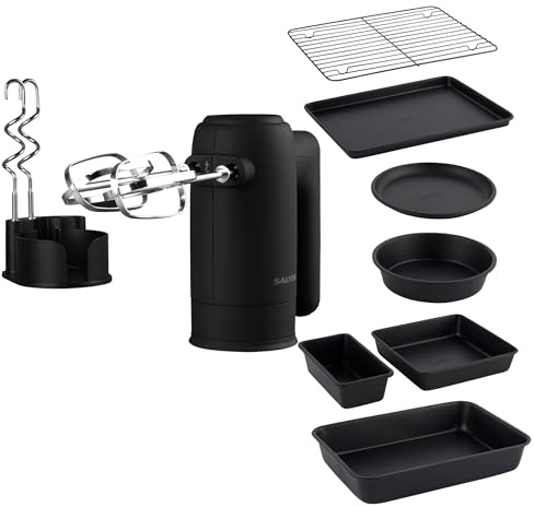 Salter COMBO-9358 Kuro Hand Mixer – Electric Whisk with 7-Piece Stackable Bakeware Set, Dough Hook & Beater Attachments, 5 Speeds & Turbo, Non-Stick Baking Trays & Cooling Rack, Compact Storage, Black