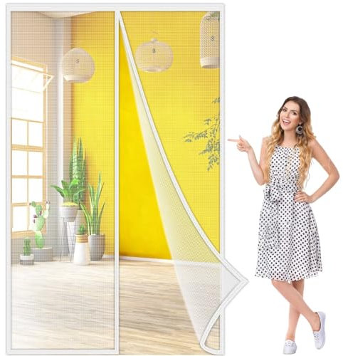 New Magnetic Door Mesh Magnetic 335x175 cm, Fly Insect Screen Door Retractable Mesh Curtains with Self Sealing Magnets Heavy Duty Mesh Lets Fresh Air in White, Reinforced