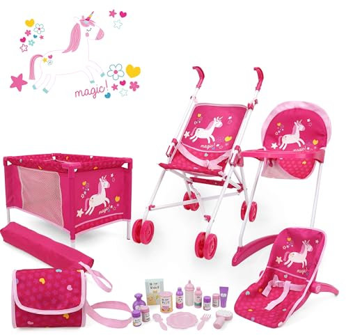 509 Crew 21 Piece Doll Stroll n Play & Care Combo Set, Stroller, Playard, High Chair Set, Carry Cot, Diaper Bag, Feeding and Grooming Accessories, Ages 3+