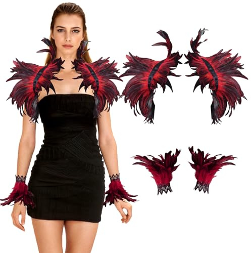 ZoneYan Feder Achselzucken mit Manschetten, Federumhang-Schal, Halloween Cape, Damen Gothic Federumhang für Halloween, Karneval, Ballauftritt