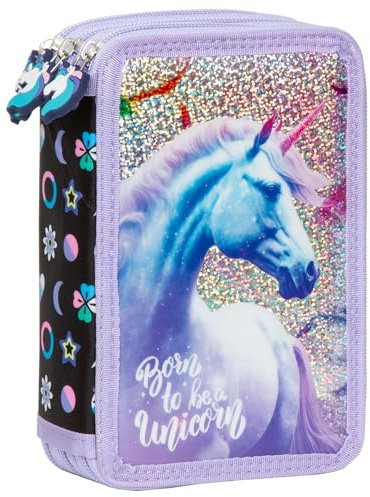 Derform Einhorn 3 - Fach Federmappe Federtasche mit 43 Teilen gefüllt Federmäppchen Unicorn