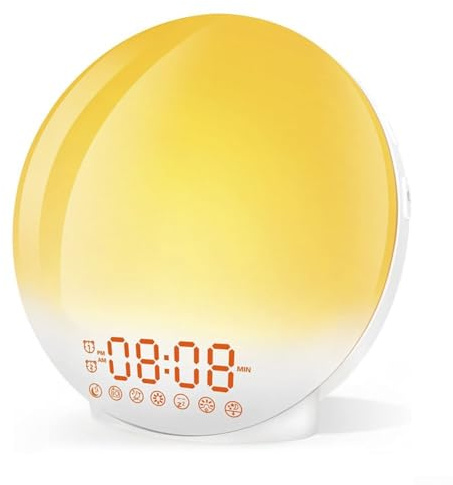 Sveglia all'alba, per svegliarsi la luce con simulazione del tramonto dell'alba, doppia sveglia, comodino, 7 lampade colorate d'atmosfera
