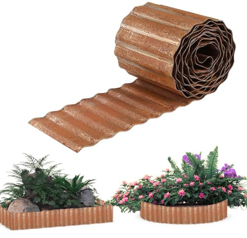 Metall-Garteneinfassung, Landschaftseinfassung, gewellt, verzinktes Metall, stabile Rasenkante, flexible lange Streifen, Gartenumrandung für Hochbeete, Baumumrandungen (Braun, 30,5 x 6,1 m)