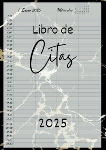 Libro de Citas 2025: Agenda para peluquería y estilistas, Planificador Horario de 7:00 a 22:30, día por página con fechas y horas, 4 Empleados ... | 12 meses, y Calendario de Mes Corriente A4