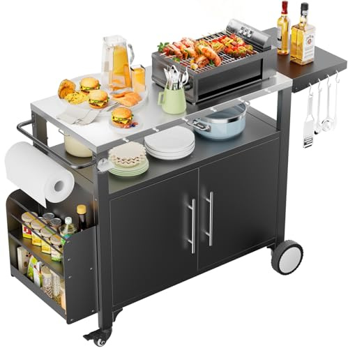 MODCART Outdoor Grill Cart with Wheels, Movable Outdoor Grill Table for Parties and Home Gatherings, Patio Kitchen Island with Hooks and Spice Rack