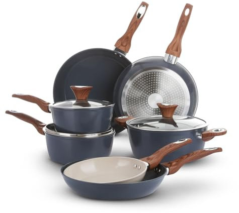 KASANOVA Batteria pentole New Ceramic, Set pentole induzione con rivestimento ceramico, Set padelle antiaderenti e casseruole con coperchio in vetro (Ottanio, 10 pezzi)