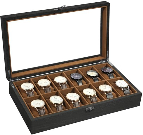 Uten Caja de Relojes con 12 Compartimentos, Caja para Reloje Madera, Tapa de Vidrio y Almohada Algodón Seda, Forro Marrón, para Exhibición y Almacenamiento de Relojes Joyería, Regalo Ideal