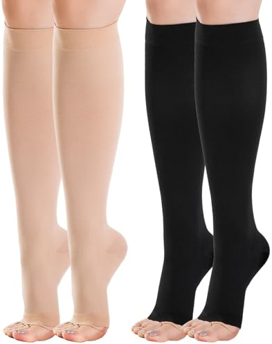 Lot de 2 Paires Médical Bas de Contention Femme & Homme 20-30 mmHg Classe 2- Orteil Ouvert Chaussettes de Contention Graduées pour Varices, Œdème, Grossesse, Voyage Avion