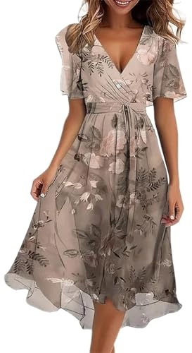 Nuaoxyeu Chiffon Strandkleid Damen 2025 Boho Lange Kleid Mit Gürtel Elegant V-Ausschnitt Sommerkleid Sommer Maxi Dress Blumenkleid Abendkleid Rüschen Strandkleid Cocktailkleid