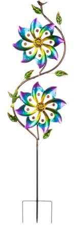 Dualoai Carillon à Vent à Double Fleur, Multicolore, Moulin à Vent Rotatif en, Facile à Installer, 24,9 X 109,2 Cm, Décoration de Jardin