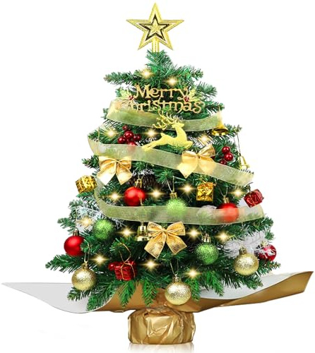 24/2FT Tabletop Christmas Tree with 30 LED String Lights, Gold Tree Topper Star,Mini Pre-lit Artificial Xmas Tree with Hanging Ornaments for Small Space,Table Desk Home Christmas Decor