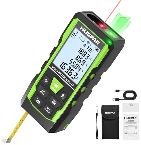 Huepar 3-in-1 Laser Measuring Tool, 400Ft Laser Measure & 33Ft Green Cross Line Laser Level & 6.5Ft Tape Measure, Rechargeable, Voice Broadcast, Multi-Mode, Rugged for Construction &Home Use, SW-T120