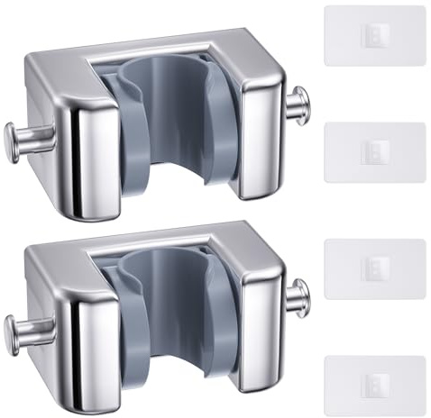 Alyvisun 2 Pièces Adhésif Support Pommeau de Douche avec 2 Crochets, Reglable Murale Support de Douche pour Pommes de Douche de 18 à 22 mm, Universel Support Douchette Sans Percage