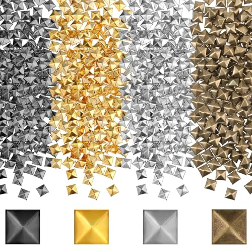 400 Pcs Flat Back Pyramid Studs Glue on Metal Studs Pyramid Studs Metal Punk Rivets 4 Colors Studs for Clothing 7X7mm Pyramid Stud Spikes for Clothing Bag Leather Shoes Punk Rock DIY Projects