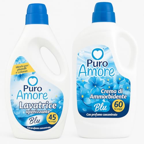 Puro Amore Combo Detersivo Lavatrice Igienizzante Blu 45 Lavaggi + Ammorbidente Concentrato Crema Blu 60 Lavaggi - Profumo Fresco e Duraturo