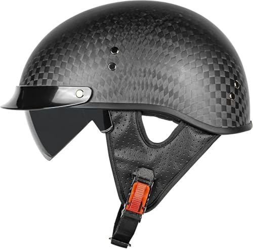 Caimcie Halbschalenhelm aus Carbonfaser für Erwachsene (Damen und Herren) – ECE/DOT-geprüfter offener Retro-Helm mit Visier für Roller, Mopeds und Cruiser B,S=55-56cm