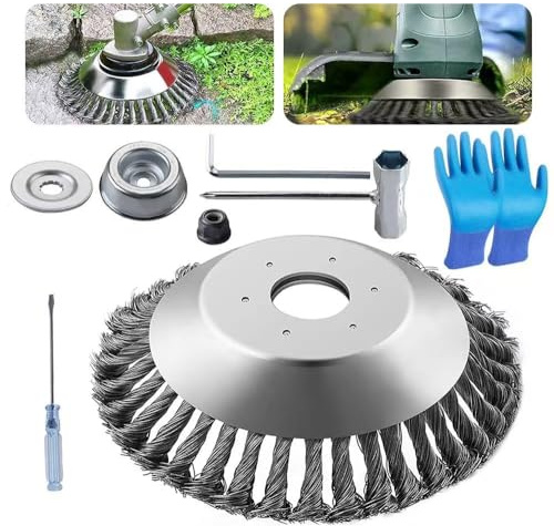 Unkrautbürste für Rasentrimmer 8 Zoll,Profi Unkrautbürste für Freischneider mit 25,4mm Bohrung,Wildkrautbürste für Motorsense,Drahtbürste für Freischneider Inkl Installationszubehör